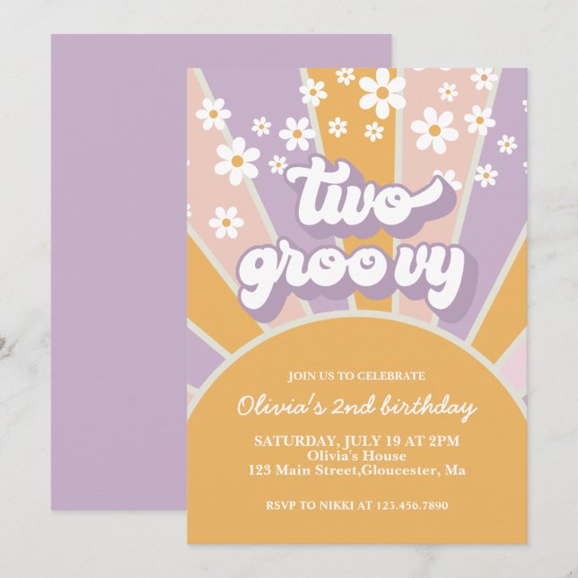 Convite Retro Duas Flores de Sunshine roxas (Frente/Verso)