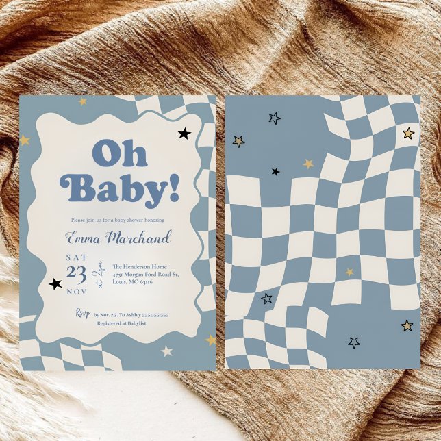 Convite Retro Dusty Blue Checkered Oh Baby Baby Shower (Criador carregado)