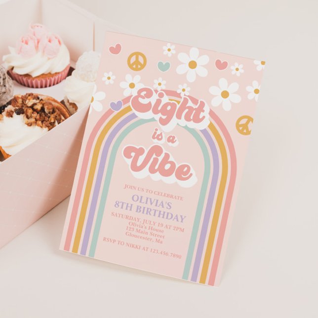 Convite Retro Eight é um Vibe Arco-íris de 8º Aniversário (Criador carregado)