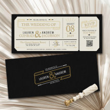 Retro Elegante Bilhete de Casamento Preto e Dourad
