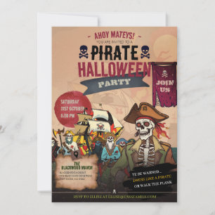 Convite Retro Esqueleto Pirata Vintage Horror Halloween