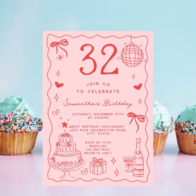 Convite Retrô Excêntrico Diferente Aniversário de 32 anos  (Criador carregado)