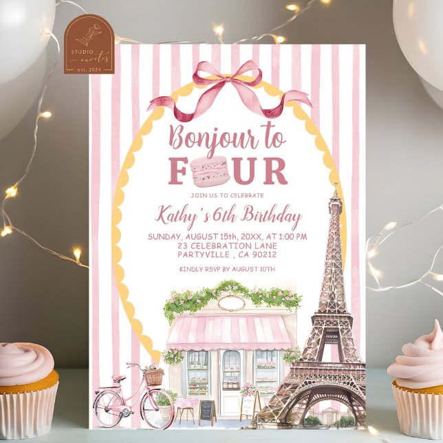 Convite Retro Excêntrico Paris Olá 4º Aniversário (Criador carregado)