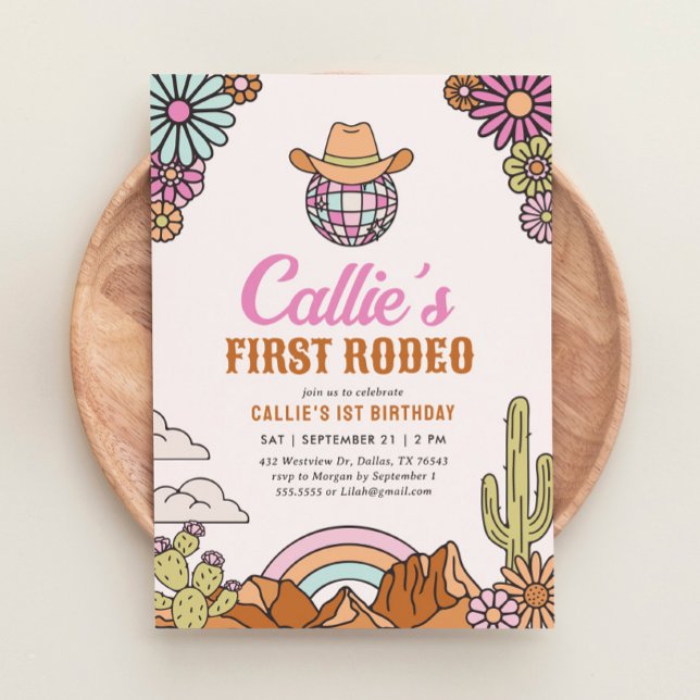 Convite Retro First Rodeo Western Girl primeiro aniversari (Criador carregado)