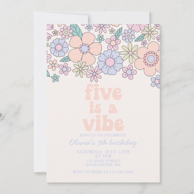 Convite Retro Floral Five é uma Vibe de 5º aniversário (Frente)