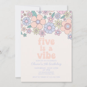 Convite Retro Floral Five é uma Vibe de 5º aniversário