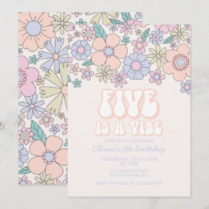 Convite Retro Floral Five é uma Vibração 5º aniversário