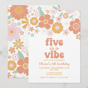 Convite Retro Floral Five é uma Vibração 5º aniversário