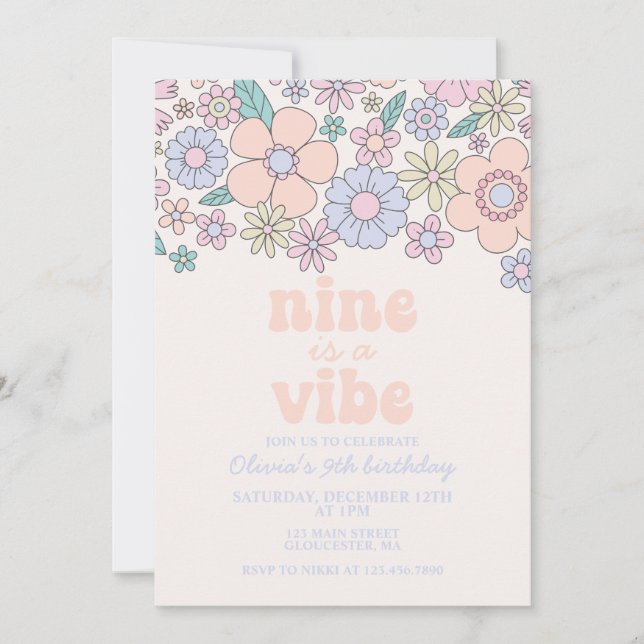 Convite Retro Floral Nove é um Vibe 9º aniversário (Frente)