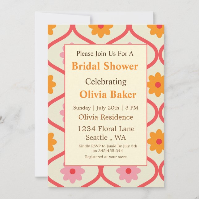 Convite Retro Floral Ogee Mid-Century Modern Bridal Shower (Frente)