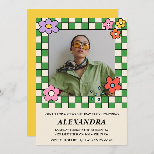 Convite Retro Flowers Groovy Foto 36 anos (Frente/Verso)