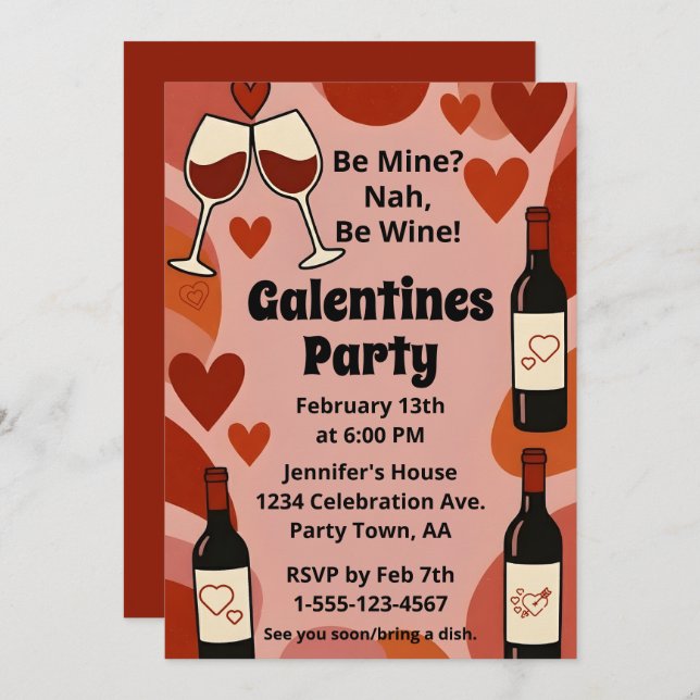 Convite Retro Galentine Be Wine Fun Party Personalized (Frente/Verso)