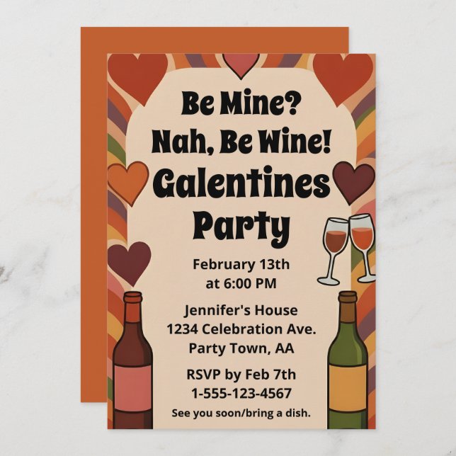 Convite Retro Galentine Be Wine Funny Party Personalized (Frente/Verso)