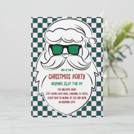 Convite Retro Green Pink Checkered Santa Claus Christmas