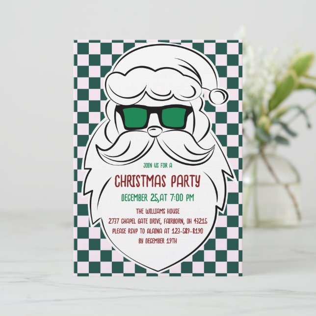 Convite Retro Green Pink Checkered Santa Claus Christmas  (Em pé/Frente)