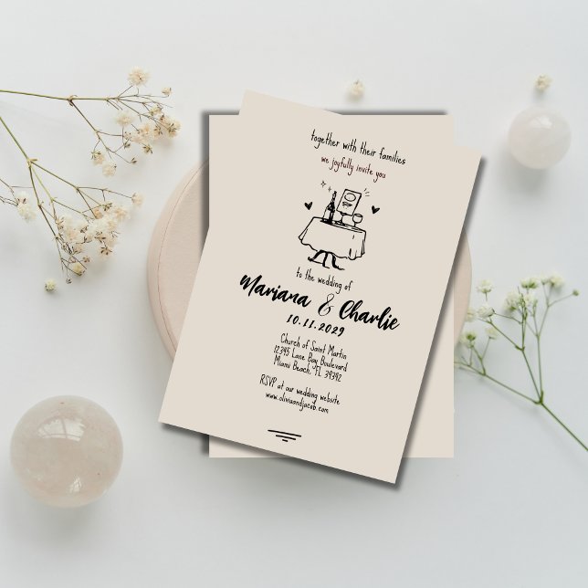 Convite Retro Grey Hand Drawn Illustration Wedding  (Criador carregado)