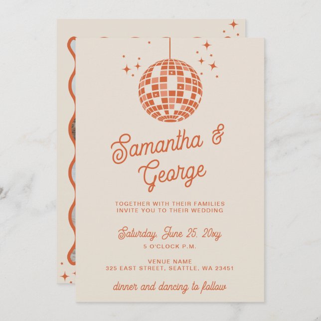 Convite Retro Groovy 70s Ivory Orange Photo Disco Wedding (Frente/Verso)