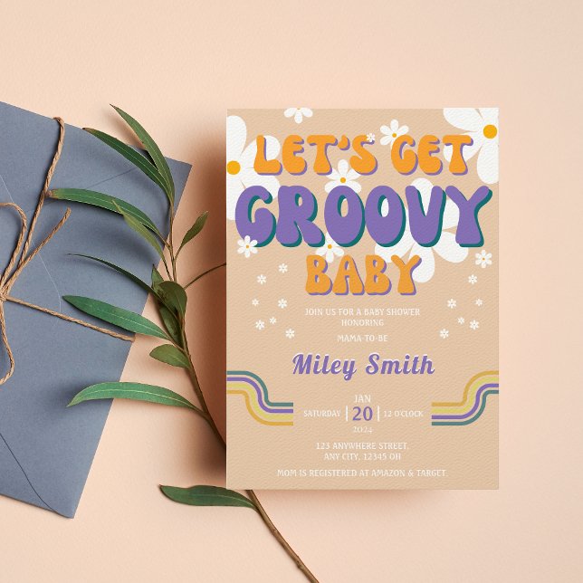Convite Retro Groovy Chá de fraldas 70s 80s Rapariga Hippi (Criador carregado)