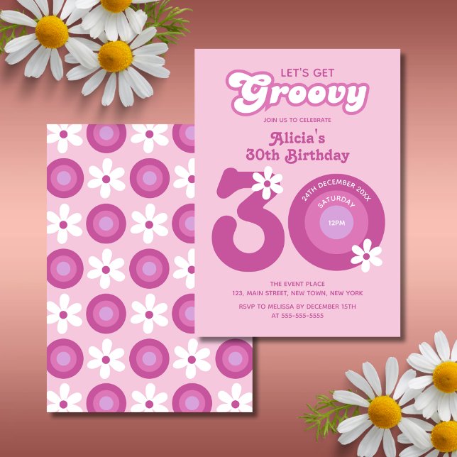 Convite Retro Groovy Daisies - aniversário de 30 anos cor- (Criador carregado)