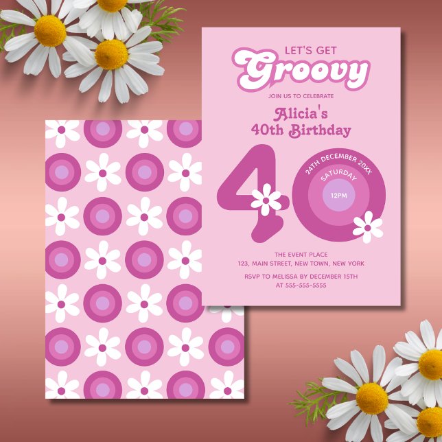 Convite Retro Groovy Daisies - aniversário de 40 anos cor- (Criador carregado)
