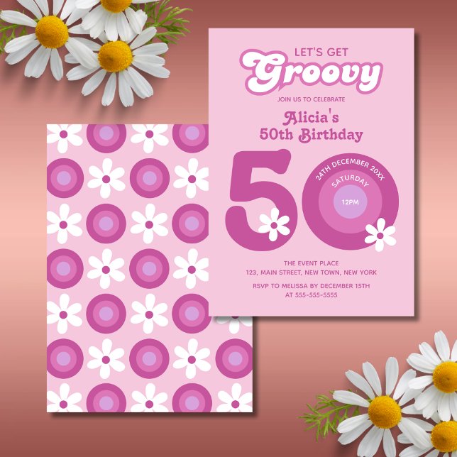 Convite Retro Groovy Daisies Bold Pink 50º Aniversário (Criador carregado)