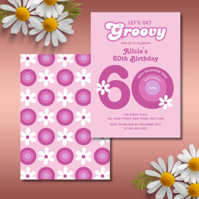 Convite Retro Groovy Daisies Bold Pink 60º Aniversário (Criador carregado)