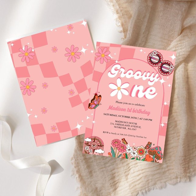 Convite Retro groovy Daisy Groovy Um Primeiro aniversário  (Criador carregado)