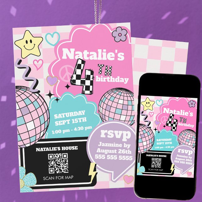 Convite Retro Groovy Disco 4.º Festa de Aniversário (Criador carregado)