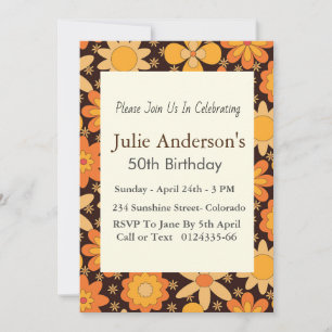 Convite Retro Groovy Floral Amarelo Laranja Aniversário de