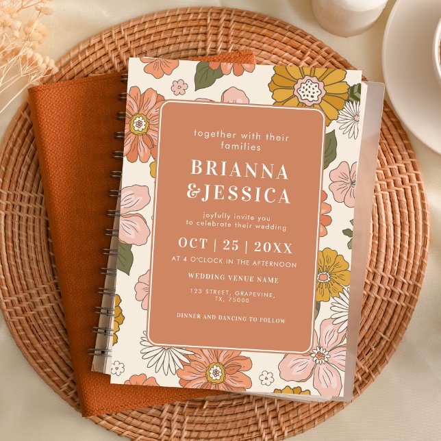 Convite Retro Groovy Flower Foto Monograma Casamento (Criador carregado)