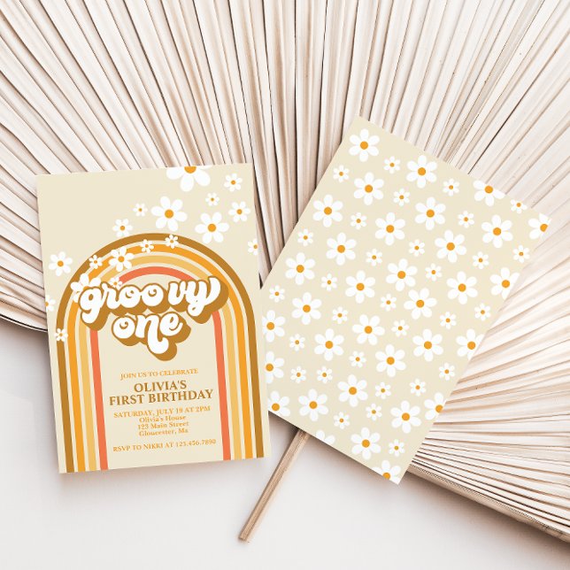 Convite Retro Groovy One Rainbow Brown Orange Birthday (Criador carregado)