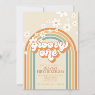 Convite Retro Groovy One Rainbow Brown Orange Birthday Inv