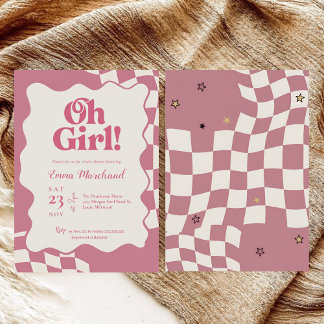 Convite Retro Groovy Pink Checkered Oh Girl Baby Shower
