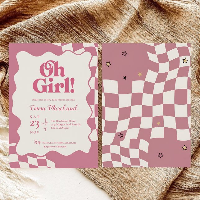 Convite Retro Groovy Pink Checkered Oh Girl Baby Shower (Criador carregado)
