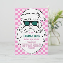 Convite Retro Groovy Pink Checkered Santa Claus Christmas