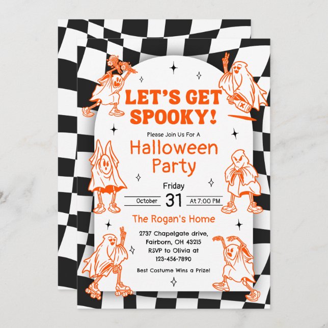 Convite Retro Groovy Spooky Ghost Halloween Party (Frente/Verso)