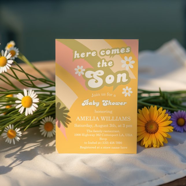 Convite Retro Groovy Sunshine Chá de fraldas Boy (Criador carregado)