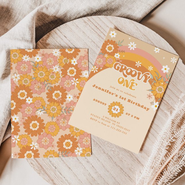 Convite Retro groovy um aniversário neutro em termos de gê (Criador carregado)