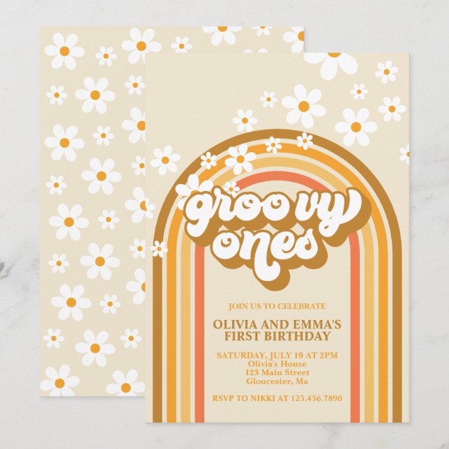 Convite Retro Groovy Uns Gêmeos Arco-Íris Marrom Aniversár (Frente/Verso)