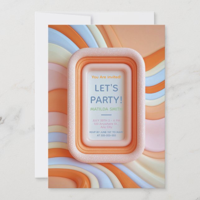 Convite Retro Gummy Pêssego e Ondas Azuis Aniversário (Frente)