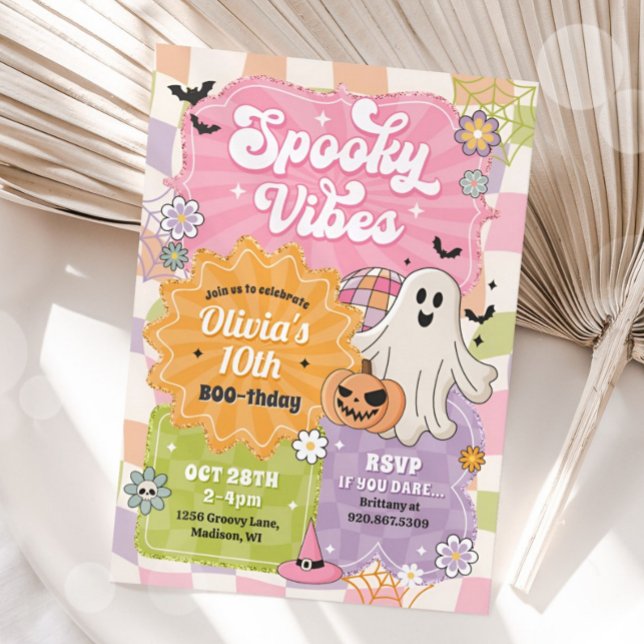 Convite Retro Halloween Spookes Vibes Ghost Birthday Girl (Criador carregado)