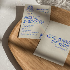 Convite Retro Hand Drawn Blue Cake Bows Unique Wedding