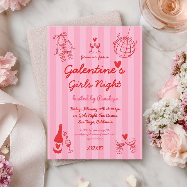 Convite Retro Hand Drawn Galentine's Girls Night Party (Criador carregado)