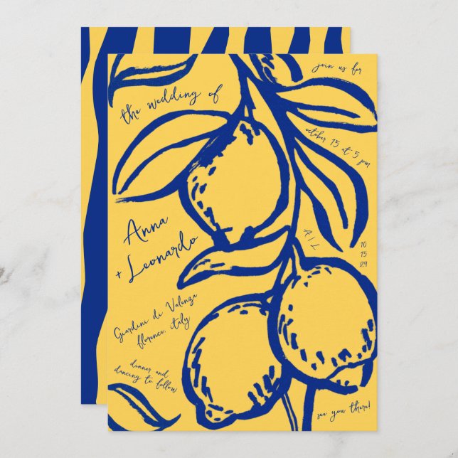 Convite Retro Hand Drawn Handwritten Blue Italian Wedding (Frente/Verso)