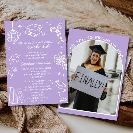 Convite Retro Hand Drawn Lavender Doodle Photo Graduation
