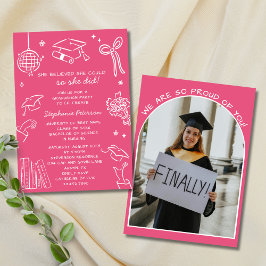 Convite Retro Hand Drawn Pink Doodle Photo Graduation