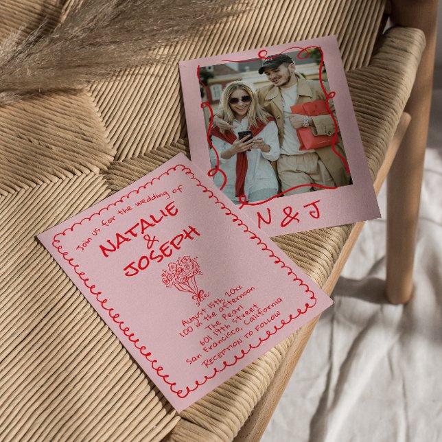 Convite Retro Hand Drawn Pink Red Funky Wedding (Criador carregado)