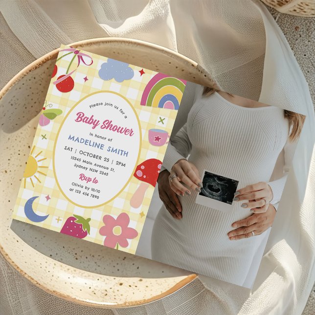 Convite Retro Hand Drawn Quirky Baby Shower Photo (Criador carregado)