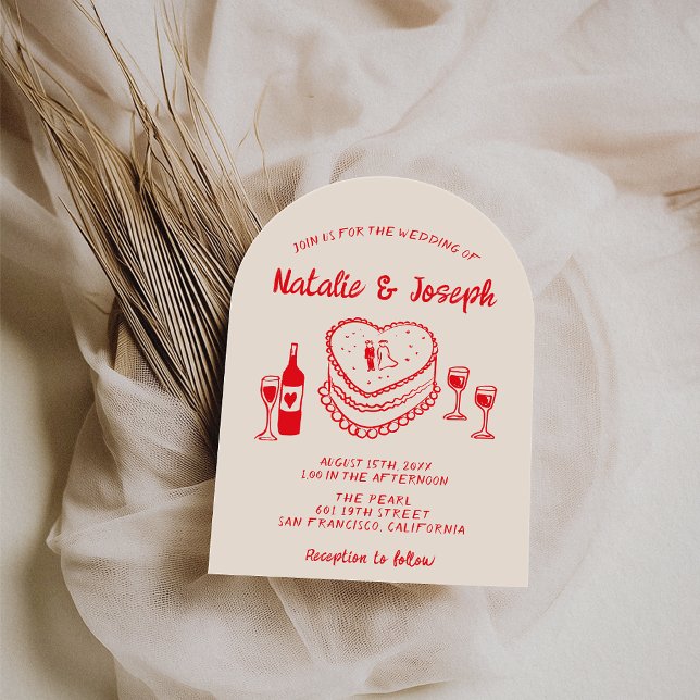 Convite Retro Hand Drawn Red Cake Modern Arched Wedding (Criador carregado)