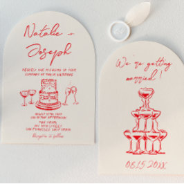 Convite Retro Hand Drawn Red Cake Unique Arched  Wedding